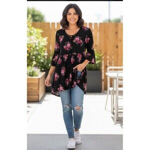 Terra & Sky Floral Smocked Peasant Top Blouse Tunic Size 0X 14W Multicolor Boho